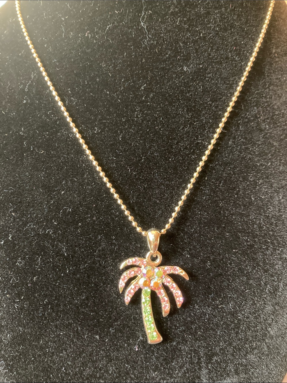 Rhinestone Palm Tree Pendant Necklace - Pink & Green Shimmer
